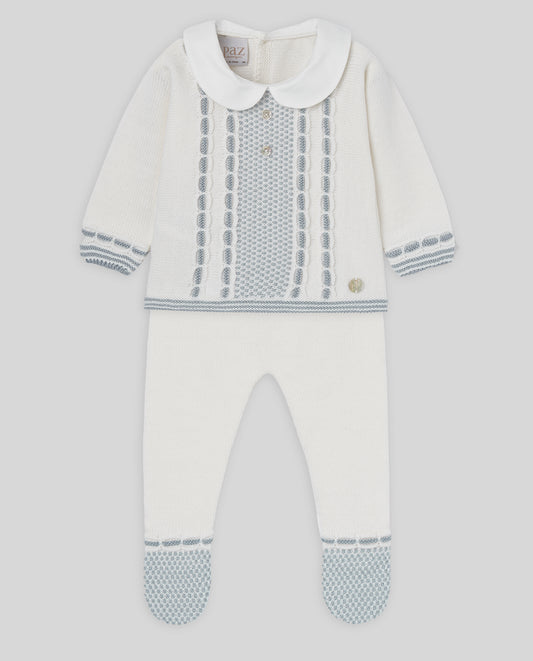 White Knit Set with Blue Detail